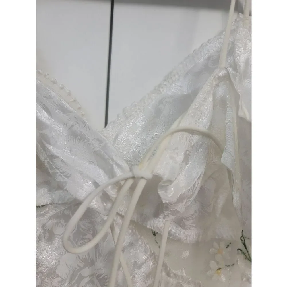 Floral Embroidered Satin Mini Slip Dress - Size Small - Cottagecore Style